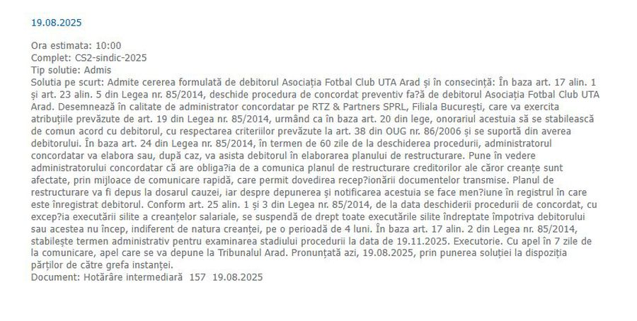 The Arad Court has accepted the request for entry into preventive agreement of UTA After Dinamo, Răzvan Zăvăleanu will handle another club with problems in Superliga!