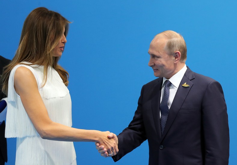 Melania Trump, the first lady of the USA, and Vladimir Putin, the president of Russia, during the meeting on the margins of the G20 summit. Hamburg, July 7, 2017