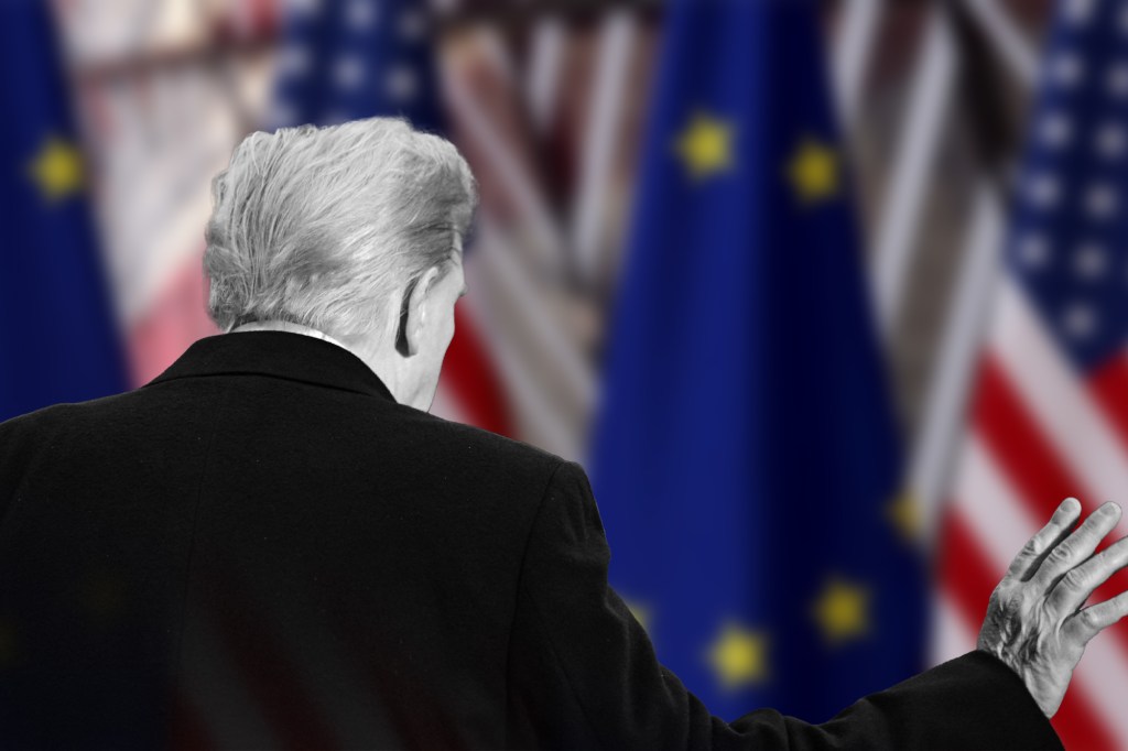 Donald Trump and EU and US flags. Collage: Ion Mateș / Hotnews. Photo: Profimedia