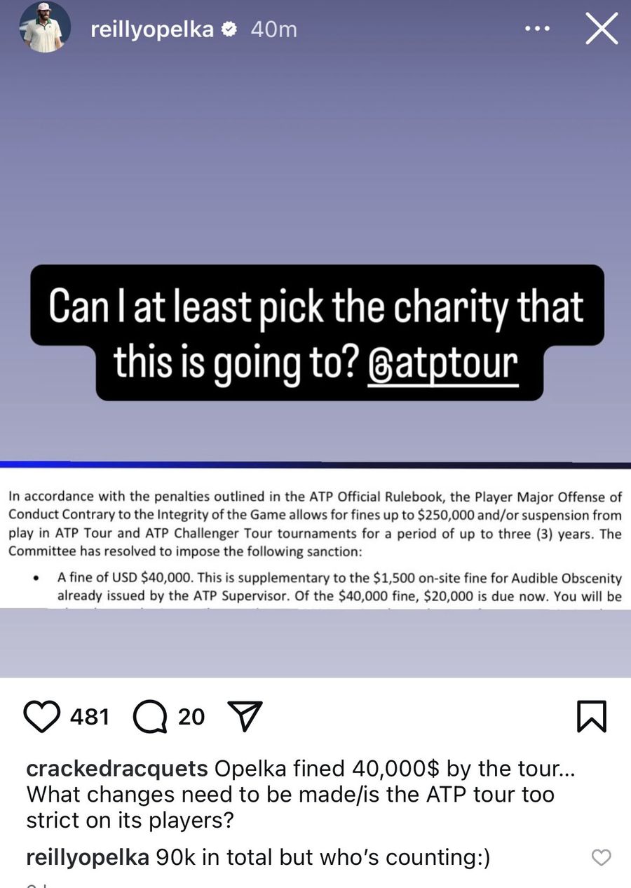 Reilly Opelka's message after the fine received The gesture that cost 24,000 euros on tennis