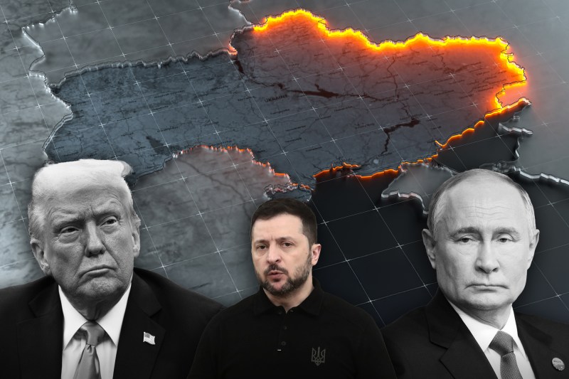 Presidents Donald Trump, Volodimir Zelenski and Vladimir Putin. Collage: Ion Mateș / Hotnews. Photo: Profimedia, Shutterstock