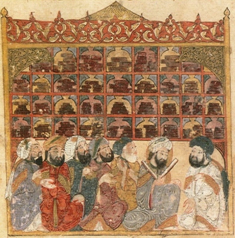 The wise men at the House of Wisdom. Illustration from the manuscript of Makama Al-Hariri, stored at the Bibliotheque Nationale in Paris