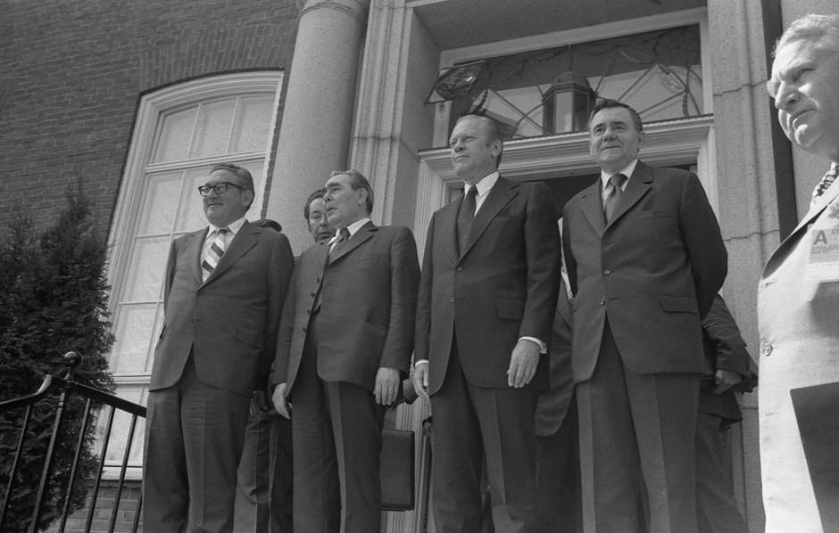 In the photo from the left: US Secretary of State Henry Kissinger, Secretary General of the Central Committee of the Communist Party of the Soviet Union Leonid Brezhnev, US President Gerald Ford and the Minister of Foreign Affairs of the USSR Andrey Gromko before the American Embassy in Helsinki, Finland, July 30, 1975.