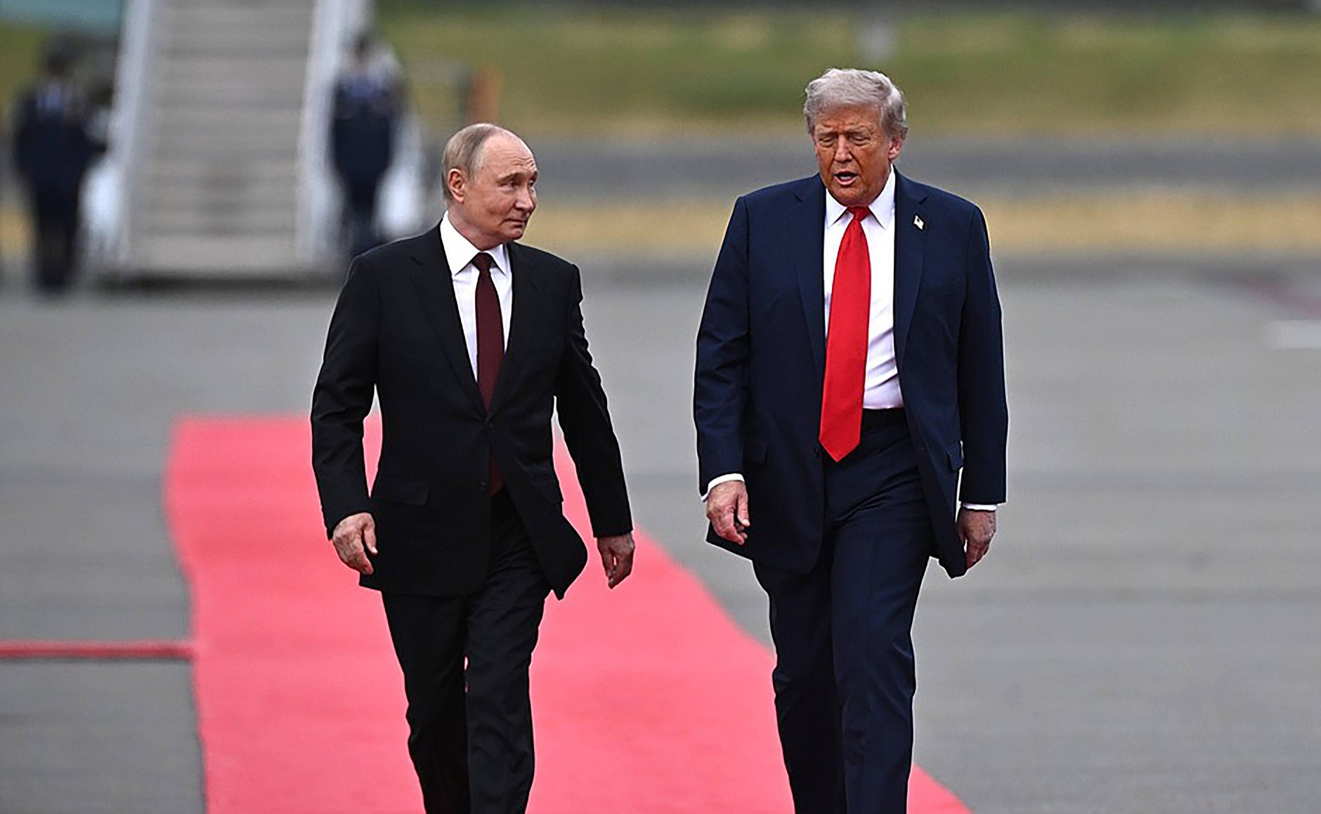 US President Donald Trump welcomes Russian President Vladimir Putin in Anchorage in Alaska, August 15, 2025.