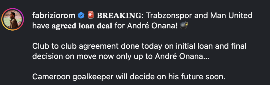 The announcement made by Fabrizio Romano on his Instagram page They got along with Manchester United for Andre Ona's transfer