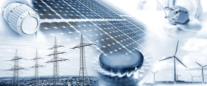 Photo collage with photovoltaic panels, high voltage poles and the flame of a stove
