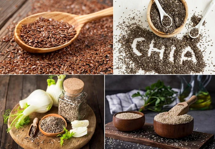 Collage linen seeds, chia, fennel and sesame for healthy digestion DMS source