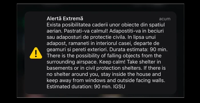 RO-Alert message received by the residents of Tulcea / Photo source: Fingerprint newspaper