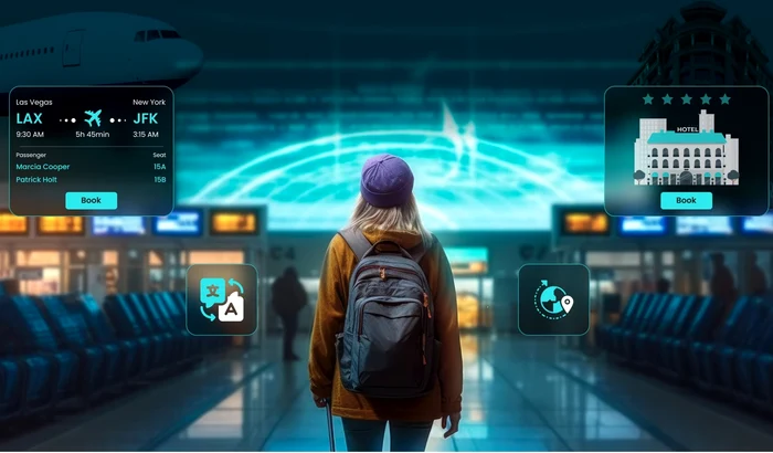 An airport tourist surrounded by technology as a virtual digital assist