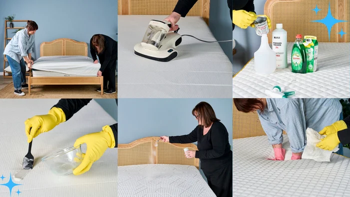 Collage with steps for the natural cleaning of the mattress: suction, bicarbonate, refresh, etc. Tomsguide
