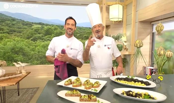 Gourmet tartina with black olive hummus, avocado cream and pickled walls
