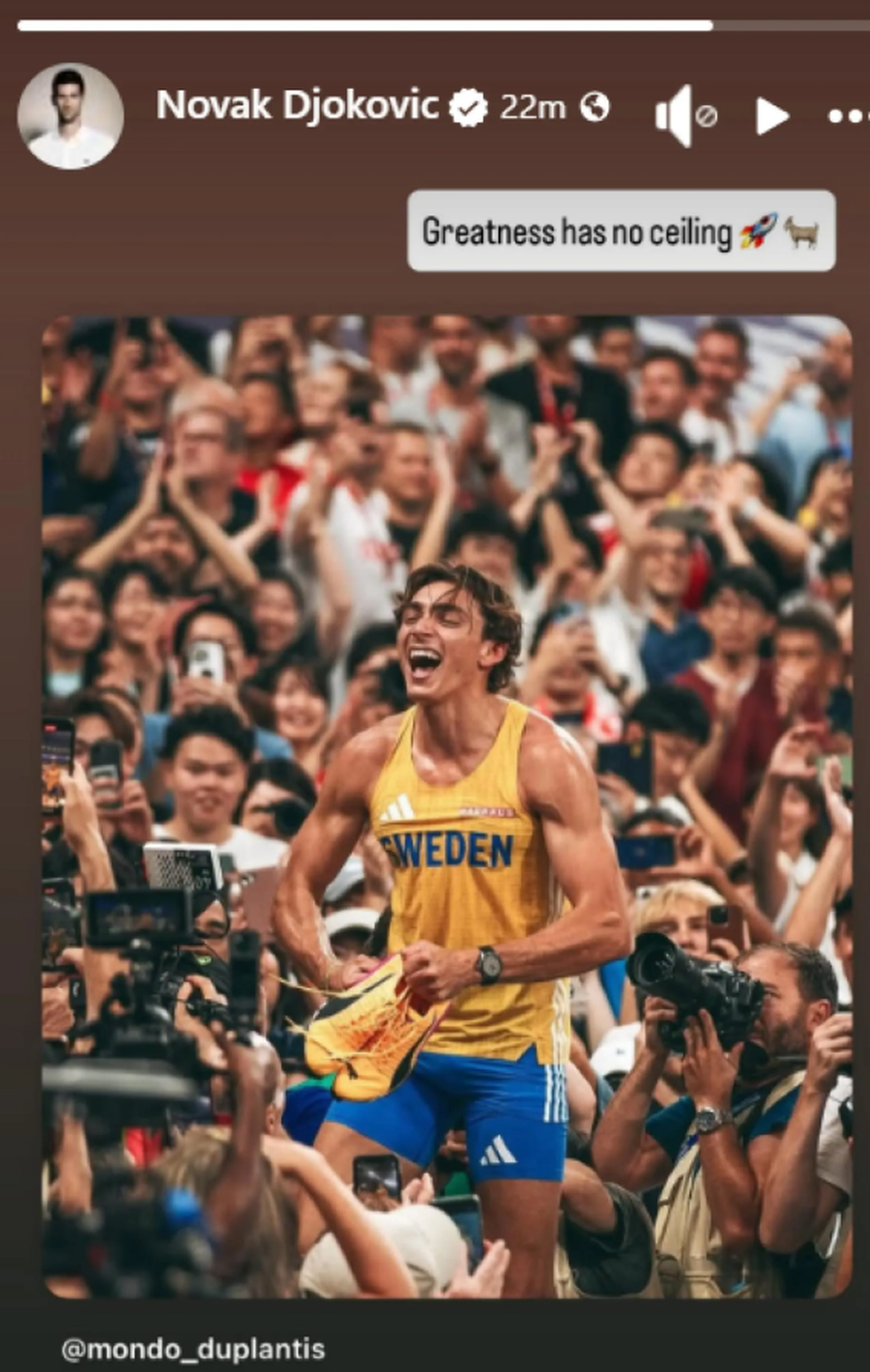 Djokovic's message for Duplantis / Photo: Facebook Novak Djokovic Novak Djokovic, reverence for a world champion athlete in Tokyo: