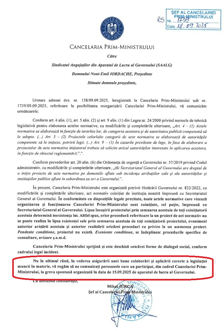 The address sent by Mihai Jurca, the head of the Chancellery of Prime Minister Bolojan, to the employees' union in the Government's work apparatus.