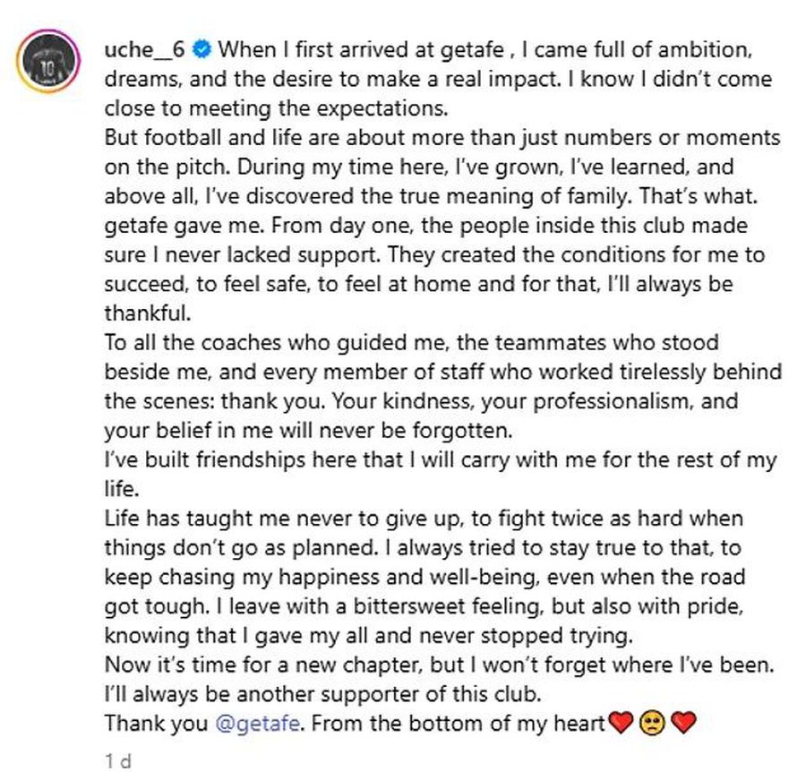 Message posted by Christantus UCHE / PHOTO: Instagram Strange coincidence or artificial intelligence?! Two footballers had identical separation messages after transferring this summer