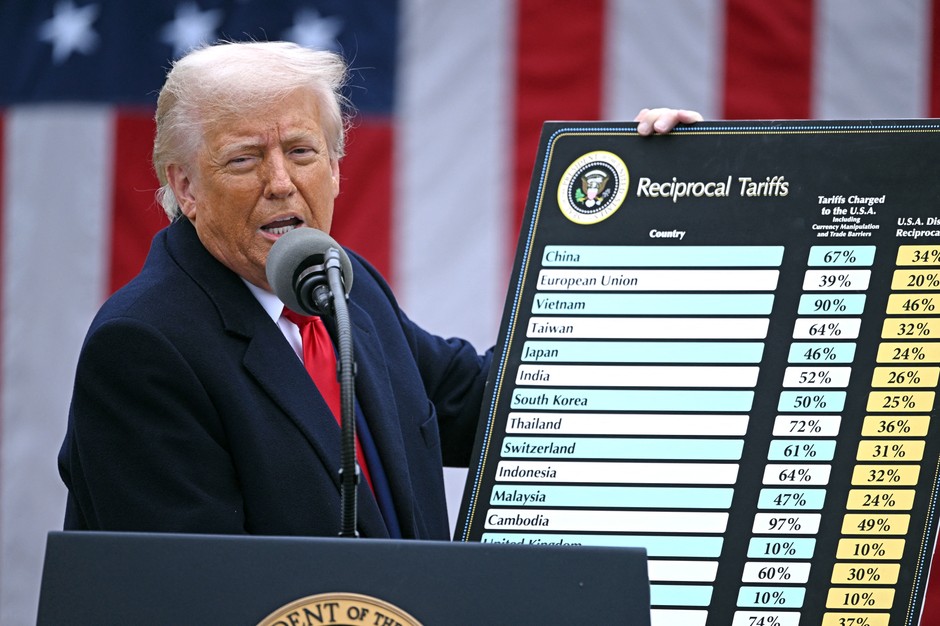 Donald Trump announces mutual duties to most countries of the world during an event in a rose garden in the White House in Washington, April 2, 2025.