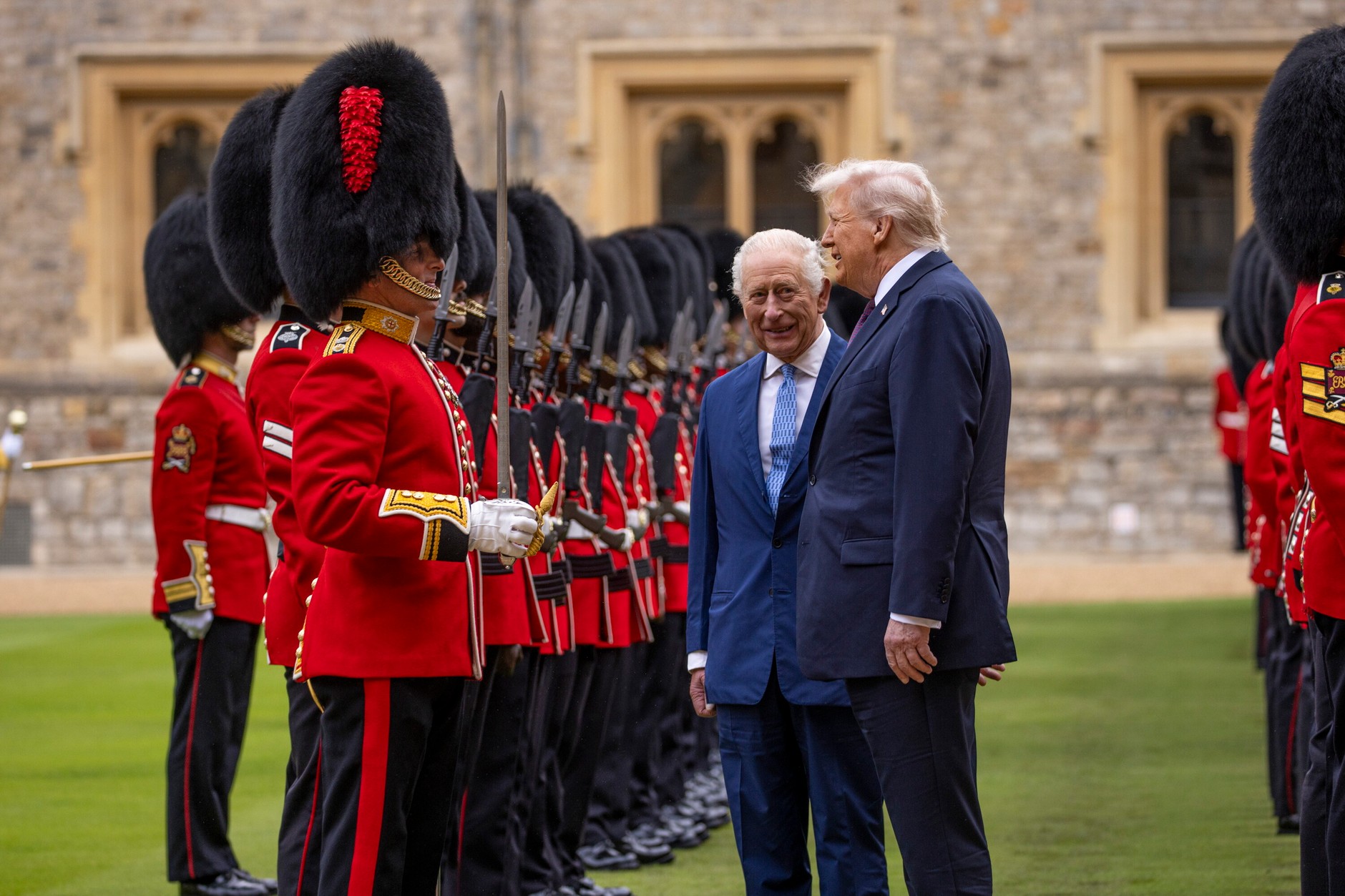 The King of Great Britain Karol III (L) and the President of the United States Donald Trump during the review of the Honorary Guard during a state visit to the Windsor Castle to Windsor in Great Britain, September 17, 2025.