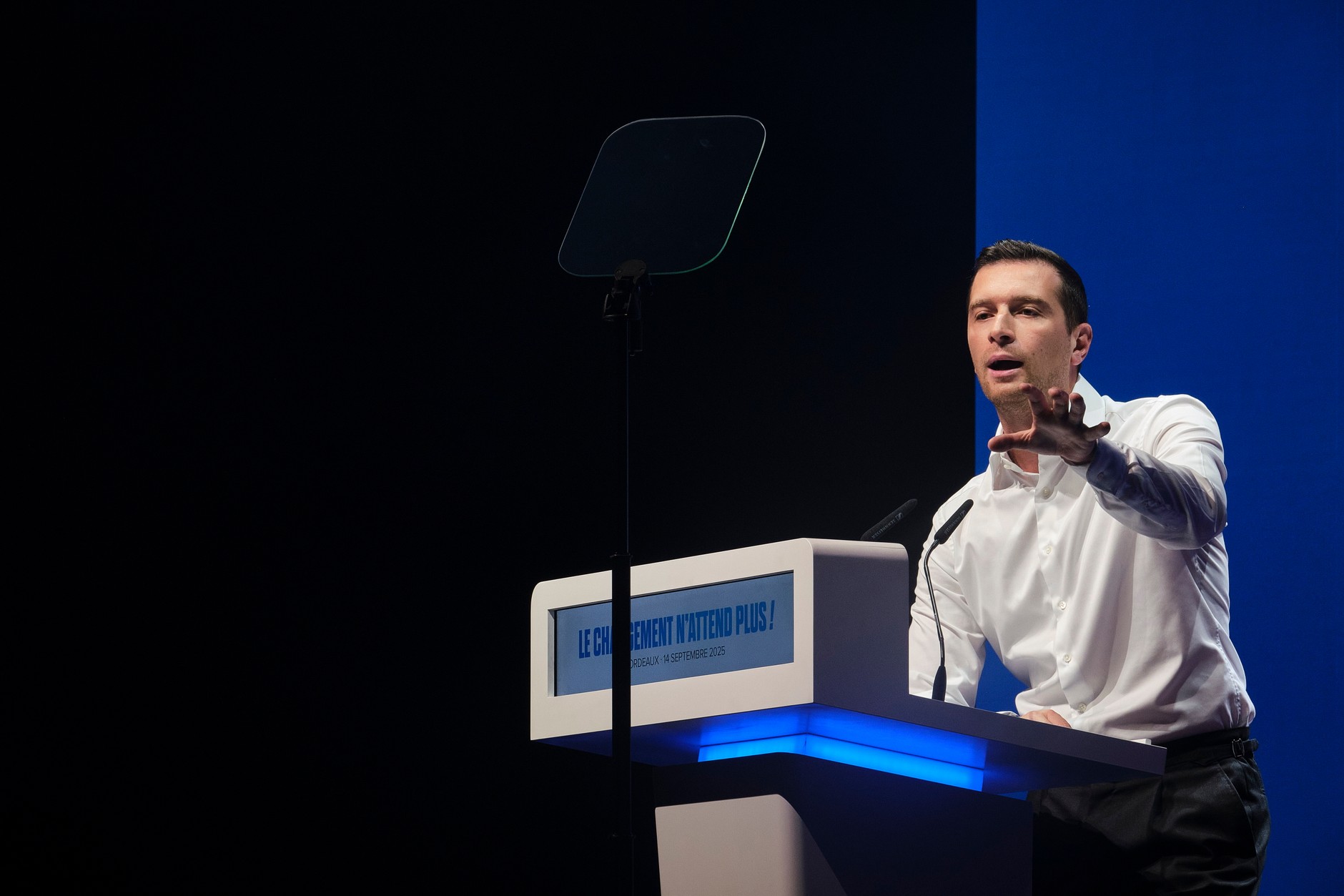 Jordan Bardella, chairman of the National Union during a party conference in Bordeaux, September 14, 2025.