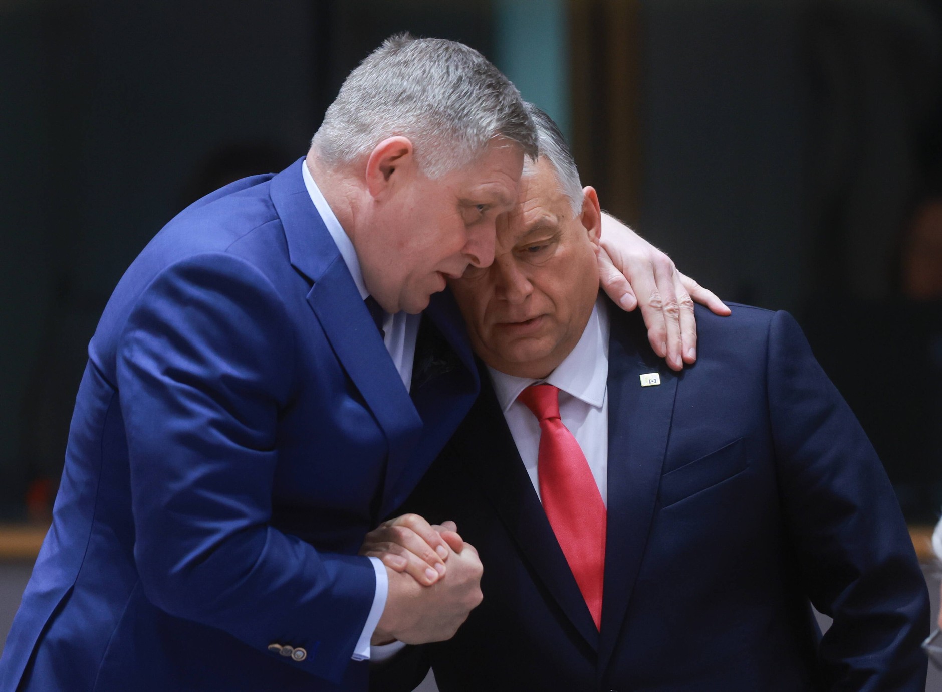 Robert Fico, the Prime Minister of Slovakia, and Viktor Orban, the Prime Minister of Hungary, welcome to the European Council. Brussels, March 20, 2025
