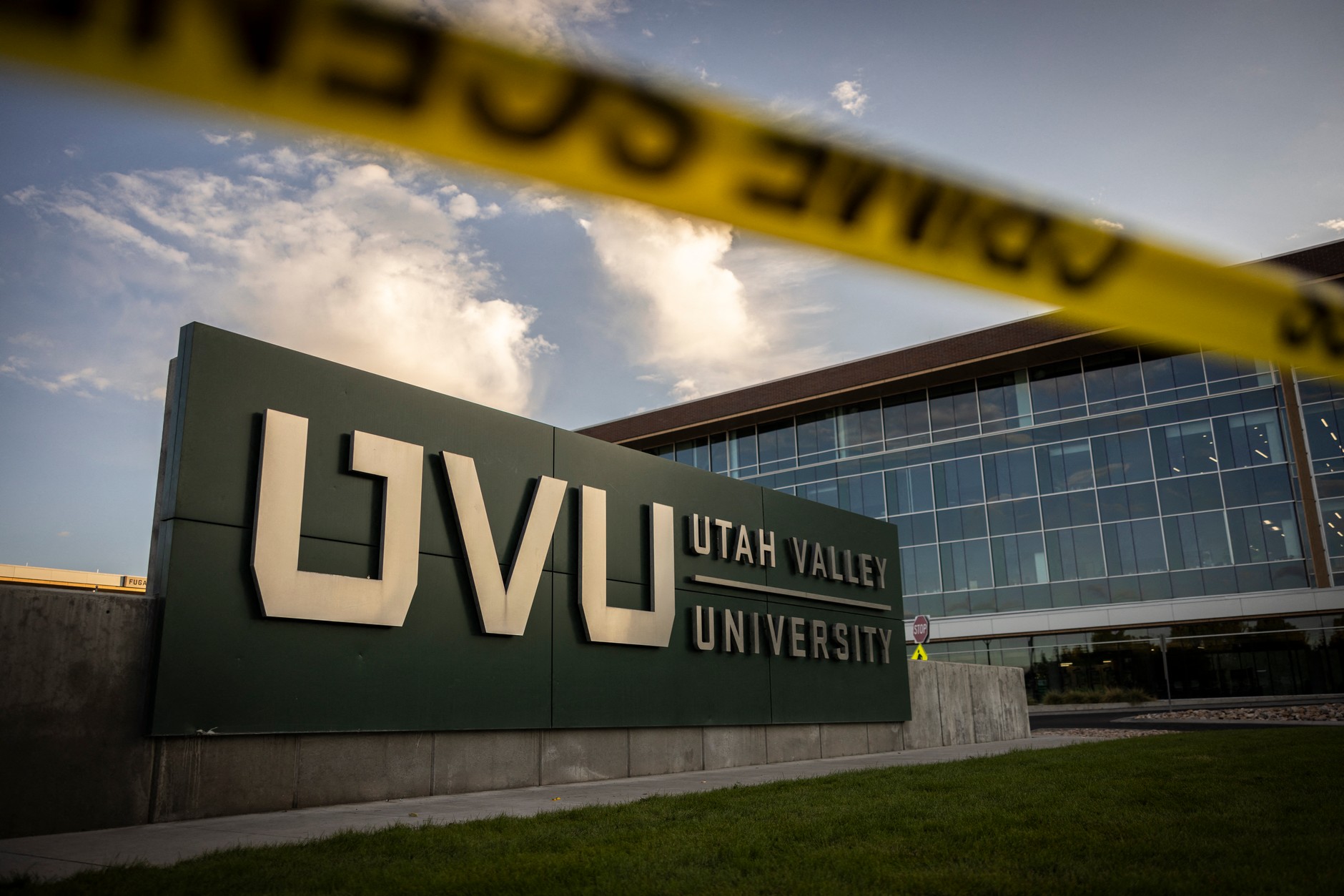 Police tape in front of Utah Valley University after the fatal shot of Charlie Kirk, Orem, September 13, 2025.