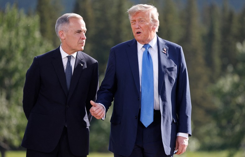 Prime Minister Canada Mark Carney and US president Donald Trump during the G7 summit in Kananaskis in the province of Albert in Canada, June 16, 2025.