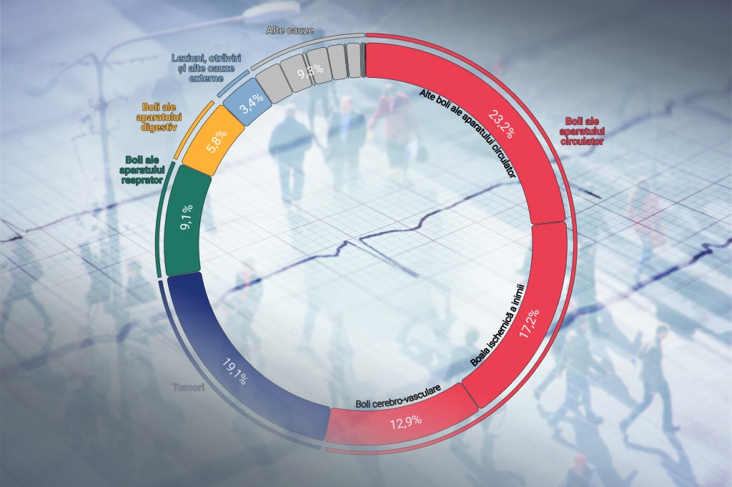 The main causes of death related to the total deaths of 2024 (%). Graphic: Edit Gyenge. Collage: Ion Mateș. Photo: Dreamstime