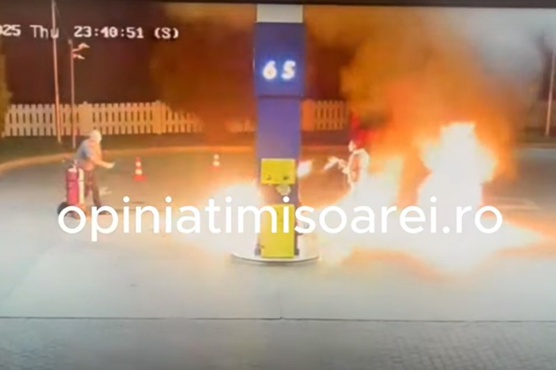 Video a man made chaos in Timiș. Set fire to a petrol pump, injured an employee and threatened to jump from the balcony