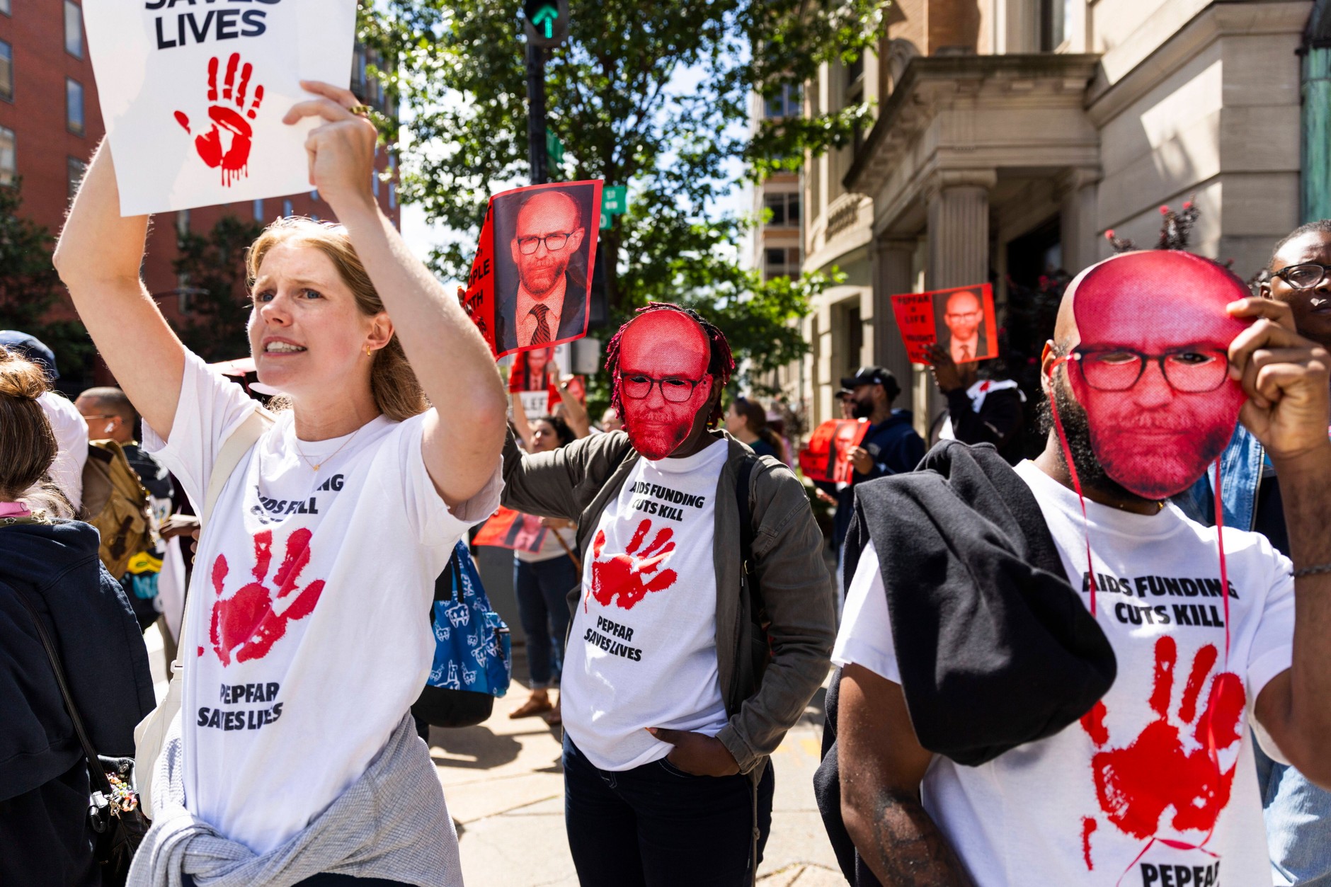 Protest against the Director of the Management and Budget Office (OMB) Russell Vought and US President Donald Trump for an attempt to cancel a part of $ 6 billion. (almost PLN 22 billion) funds already allocated to the HIV Pepfar, Washington, DC, USA, September 2, 2025 prevention program.