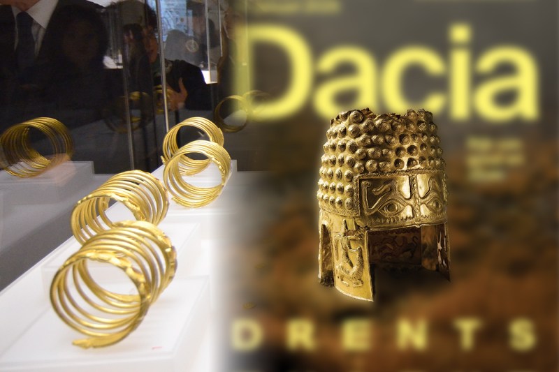 Exhibits from the exhibition the ancient gold and silver of Romania, left, Inquam Photos / Bogdan Dănescu and the golden helmet from Coțofenești. Collage: Ion Mateș / Hotnews