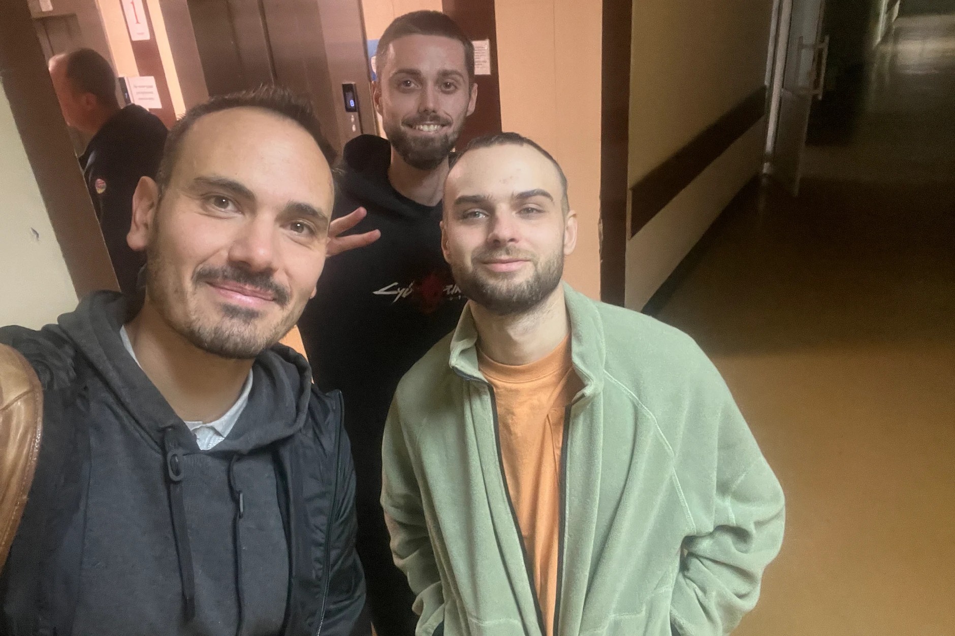 Reporter "Die Welt" Ibrahim Naber (left) and camera operator Wiktor (right) visit their injured colleague Ivan in a Ukrainian hospital a few days after the attack