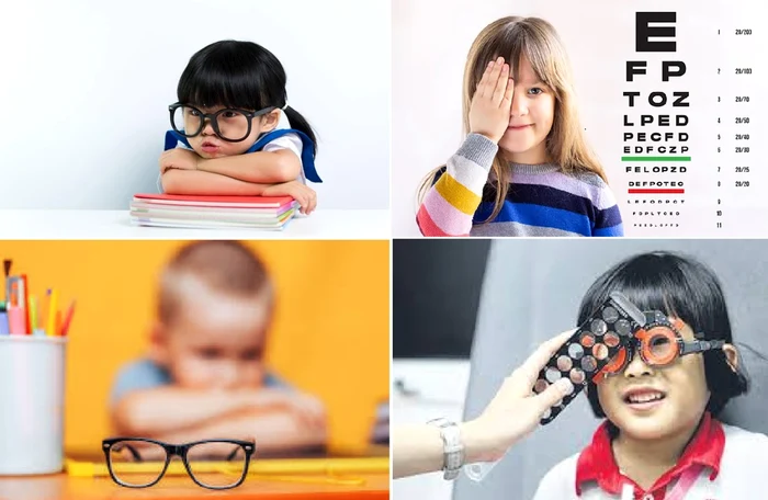 Collage of images with children suffering from myopia source DMS