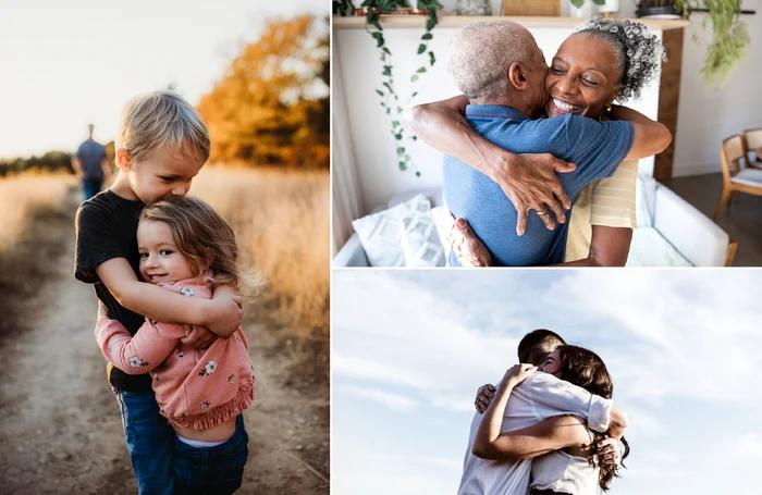 Pictures of people of different ages that hug and smile happy dms collage