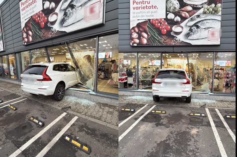 Video a driver entered by car in the windows of a Pepco store, in the parking lot of a supermarket in Braila