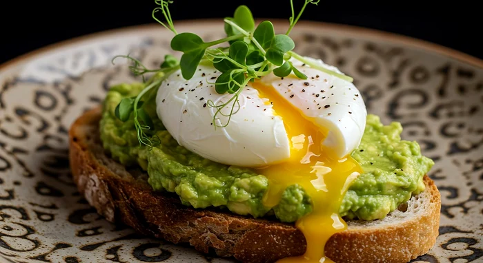 slice of bread with avocado, egg and micro herbs