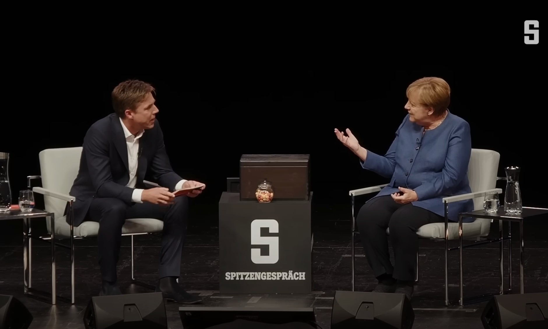 Angela Merkel gives an interview to Markus Feldenkirchen in Berlin Admiralspalast, September 24, 2025.