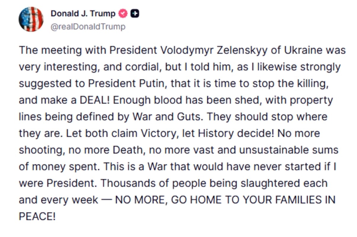 A screenshot of Donald Trump's post on Truth Social.