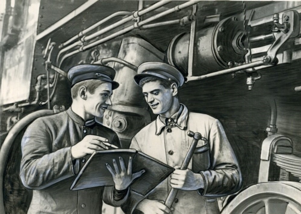 The washing shop foreman, Grigory Chuiko, and the driver of the Obluchensky depot, Evgeniy Bapin, draw up a locomotive repair sheet