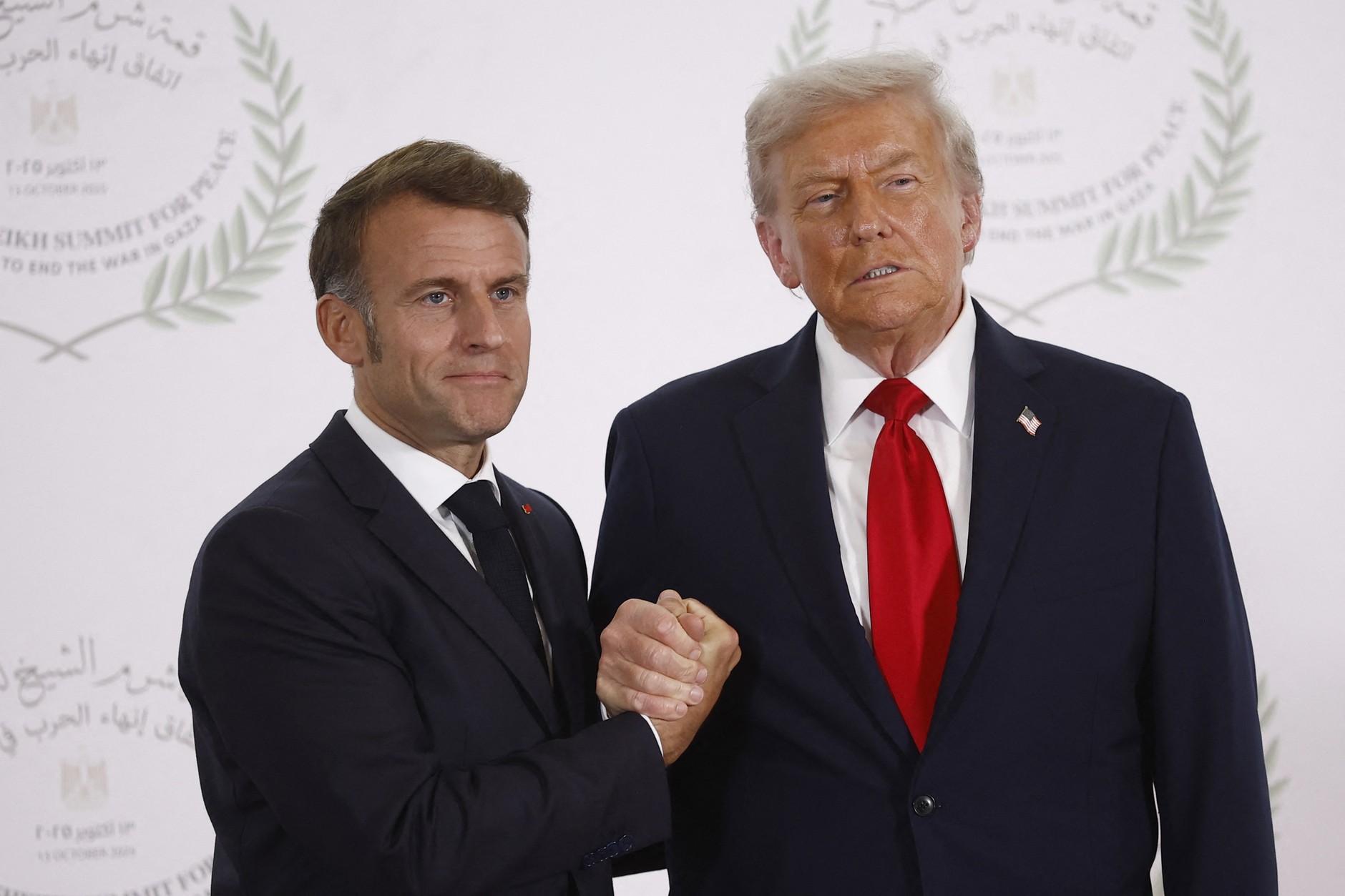 French President Emmanuel Macron and US President Donald Trump during the peace summit in Sharm el-Sheikh, October 13, 2025.