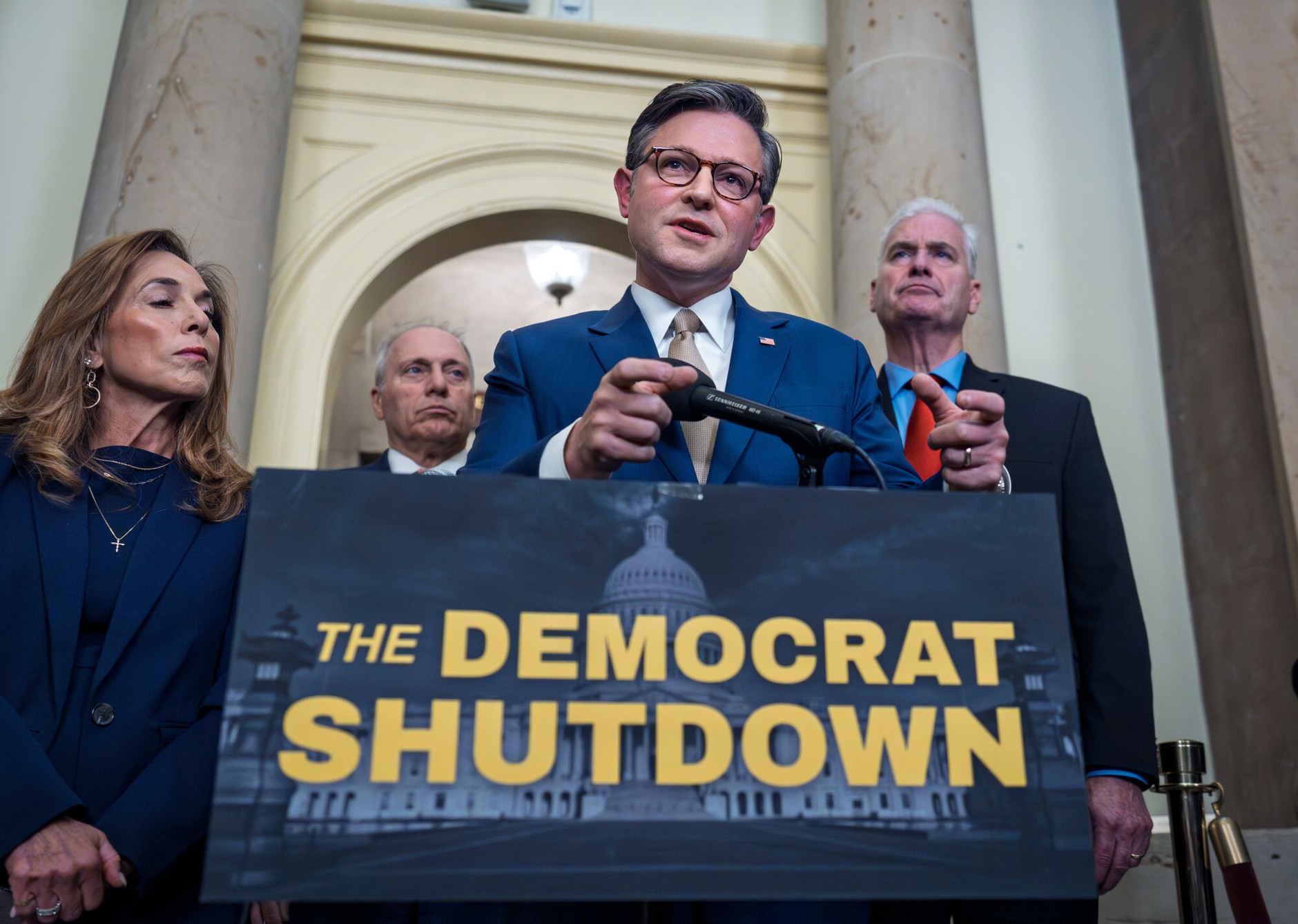 Chairman of the Chamber of Representatives Mike Johnson and the leaders of the Republican Party during a press conference, Washington, the United States, October 2, 2025.