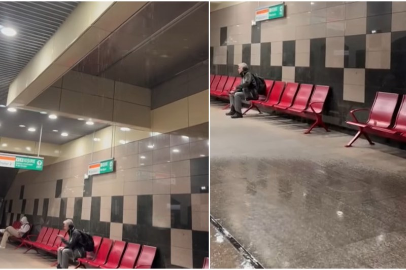 Flood at a subway station in Bucharest. Images of water flowing from the ceiling / advertisement made by Metrorex