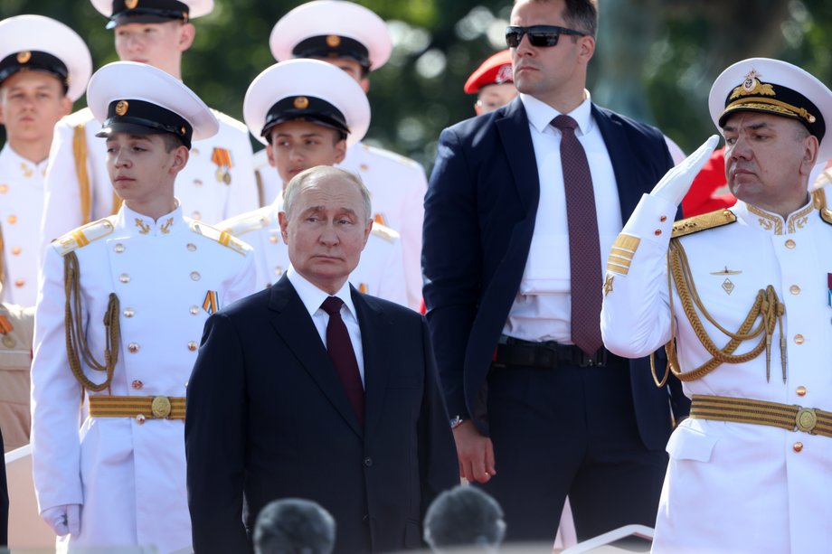 Russian President Vladimir Putin during the Navy Day military parade, July 28, 2024, in Saint Petersburg, Russia