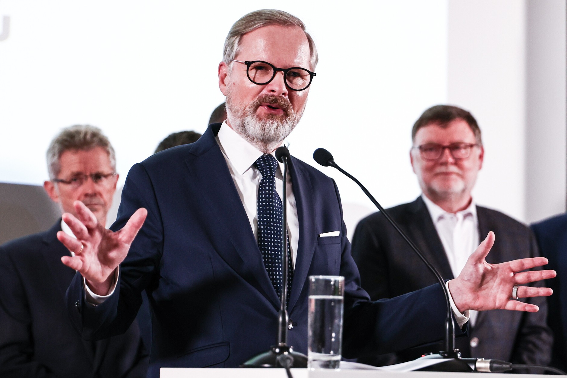 Czech Prime Minister Petr Fiala and the leader of the SPOL Coalition during a press conference in Prague, Czech Republic, October 4, 2025.