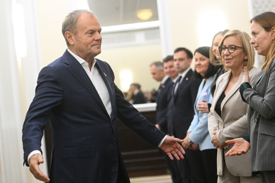 Katarzyna Pełczyńska-Nałęcz and Prime Minister Donald Tusk before the government meeting, Warsaw 08/10/2025