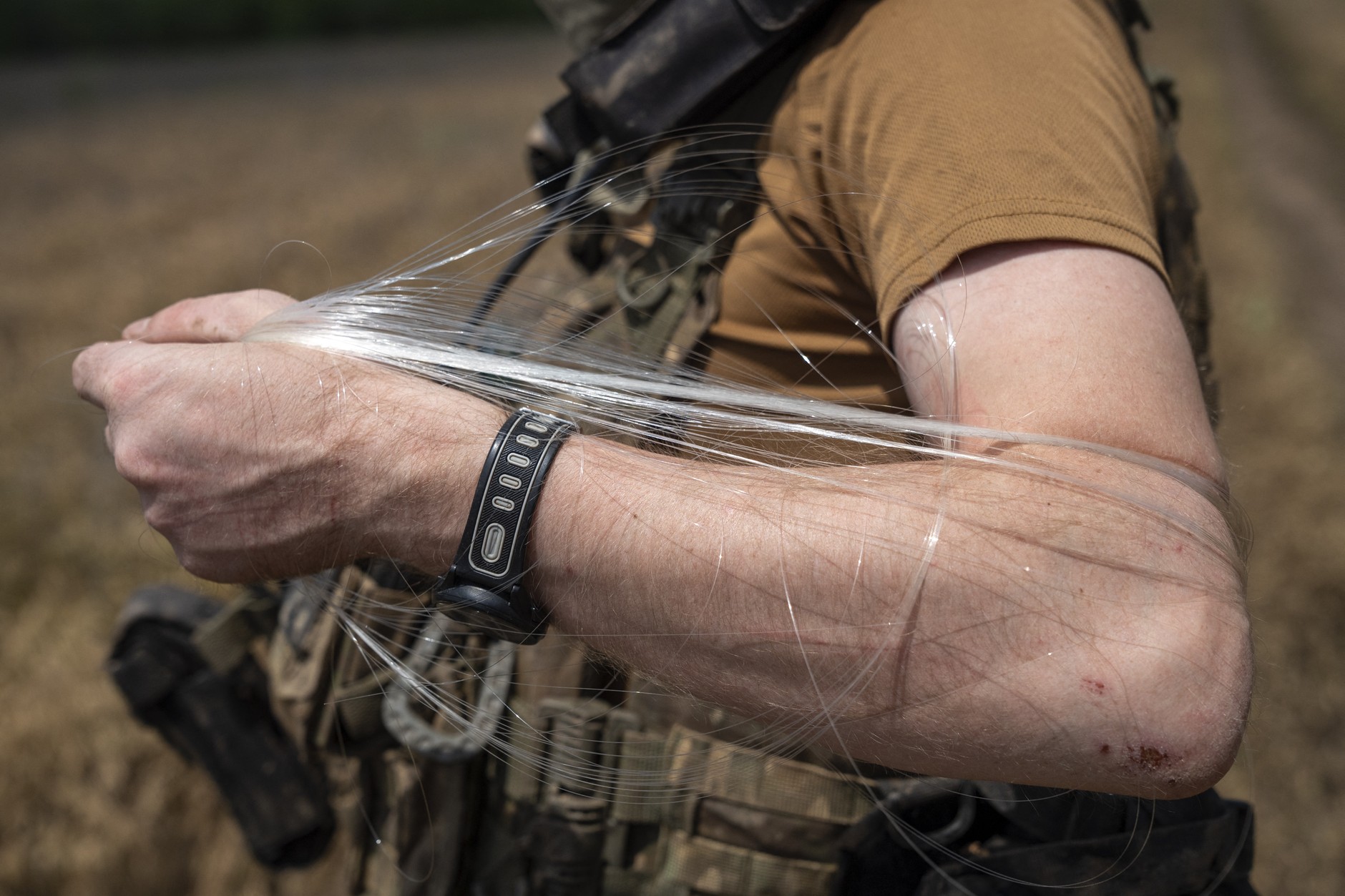 A Ukrainian soldier tests fiber-optic drones in the Donetsk region, June 17, 2025.