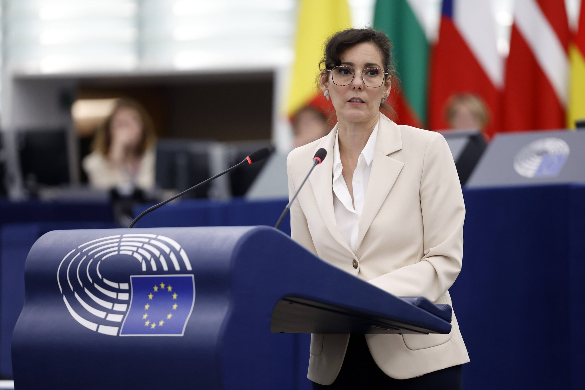 Hadja Lahbib, EU Commissioner for Equality, Preparedness and Crisis Management, during a debate in the European Parliament. Strasbourg, July 9, 2025