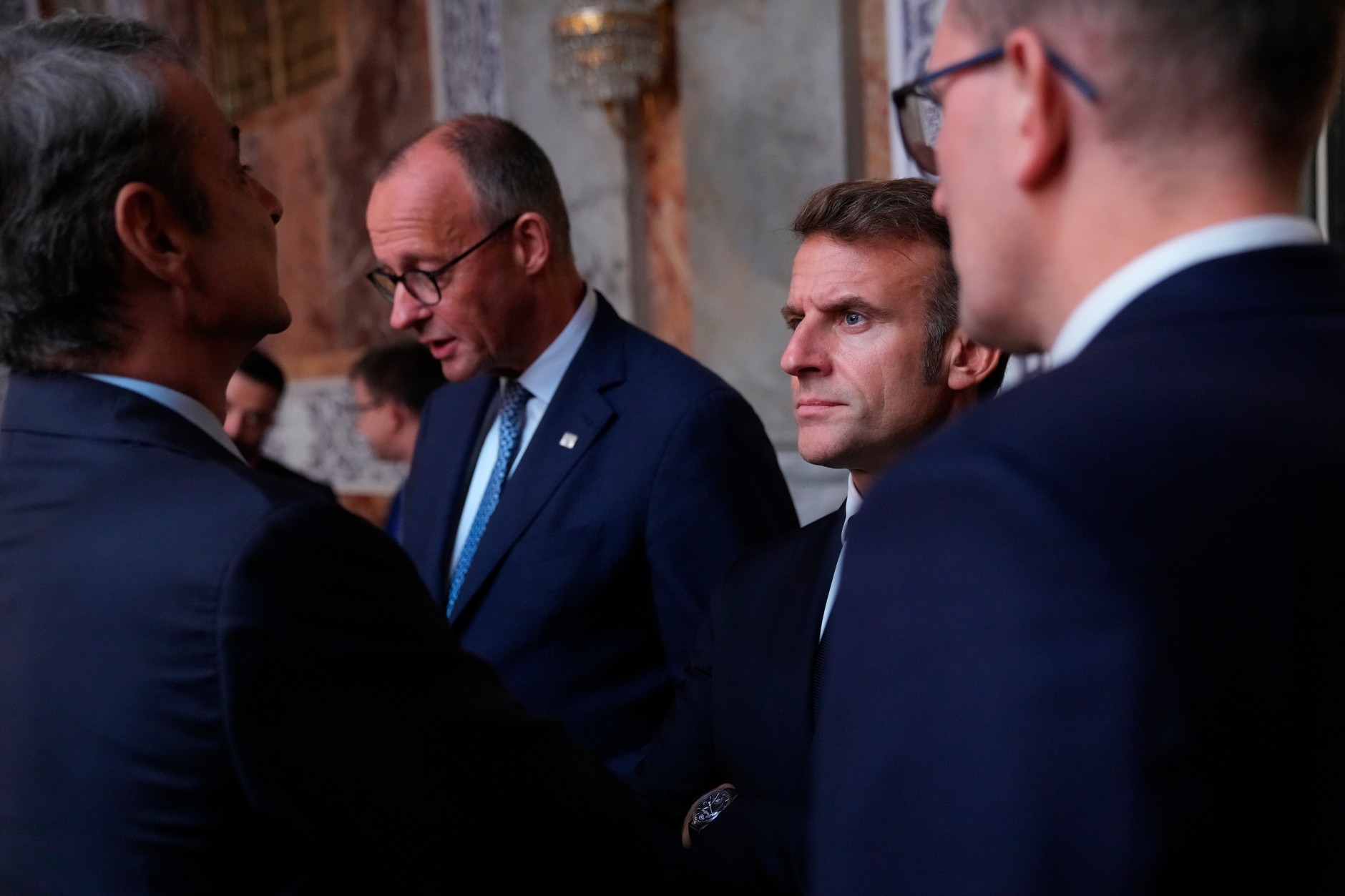 Friedrich Merz, German Chancellor, and Emmanuel Macron, President of France, at the summit in Copenhagen, October 1, 2025.