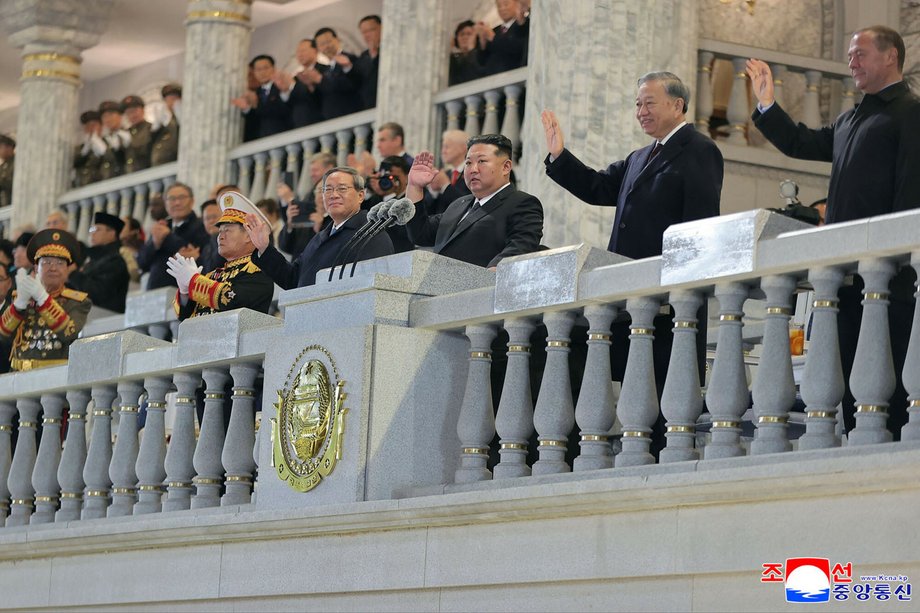 Dmitry Medvedev at the parade alongside Kim Jong Un