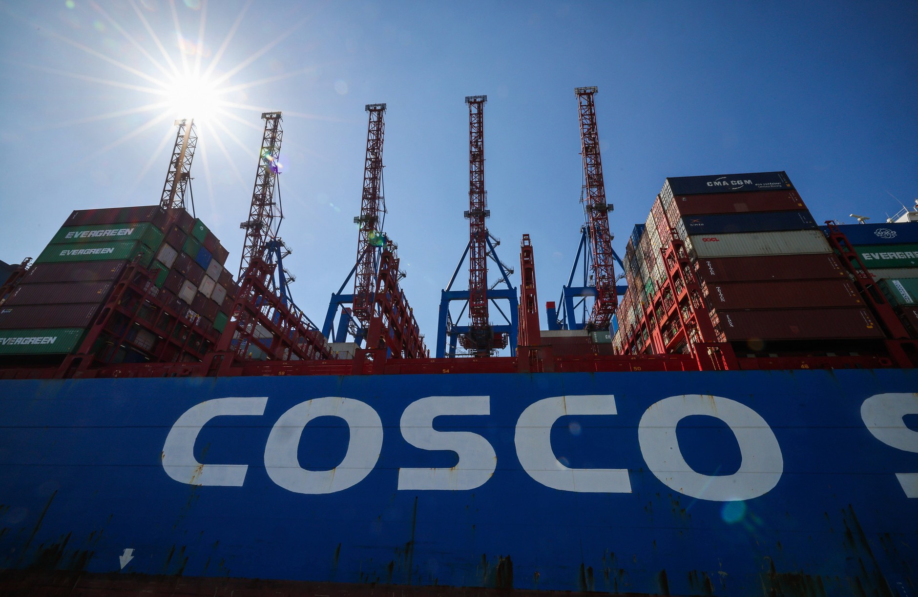 Container ship "CSCL Pacific Ocean" at the Tollerort terminal, which is a strategic partner of COSCO, Germany, April 17, 2023.