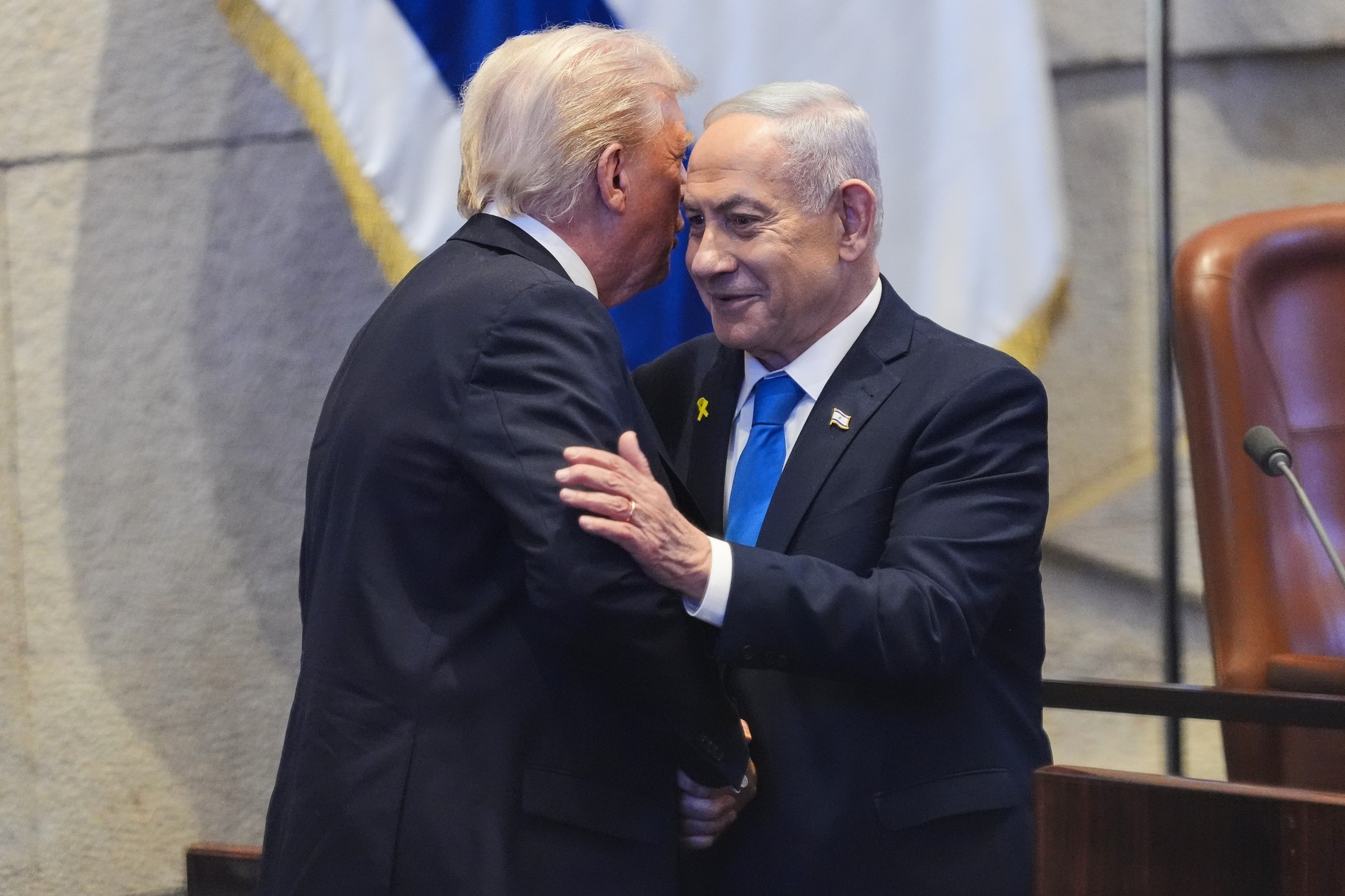US President Donald Trump with Israeli Prime Minister Binyamin Netanyahu in the Knesset, October 13, 2025.
