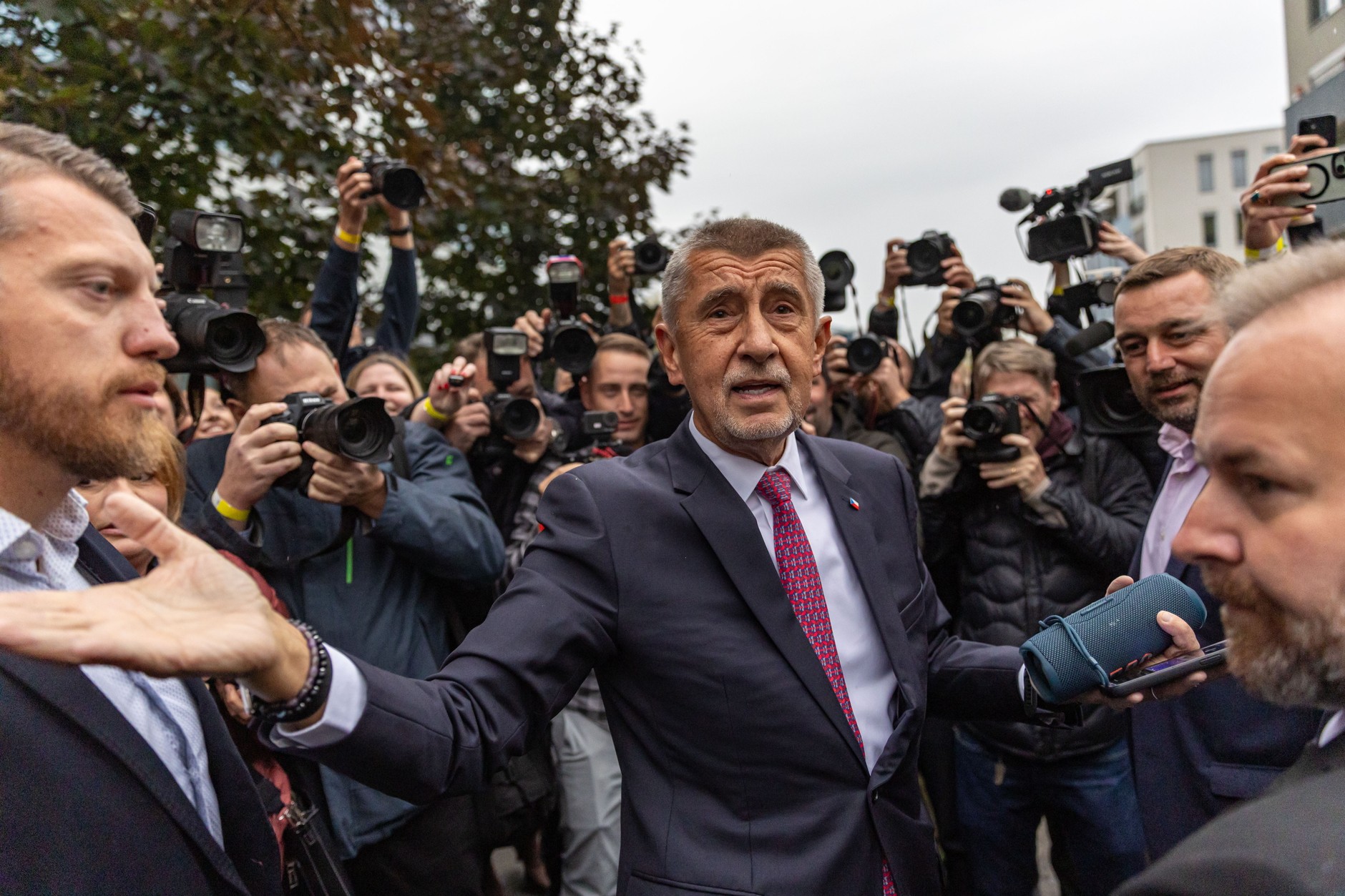 Andrej Babisz, the leader of the ano movement, celebrates after arriving at the election party in Prague, the Czech Republic, October 4, 2025.