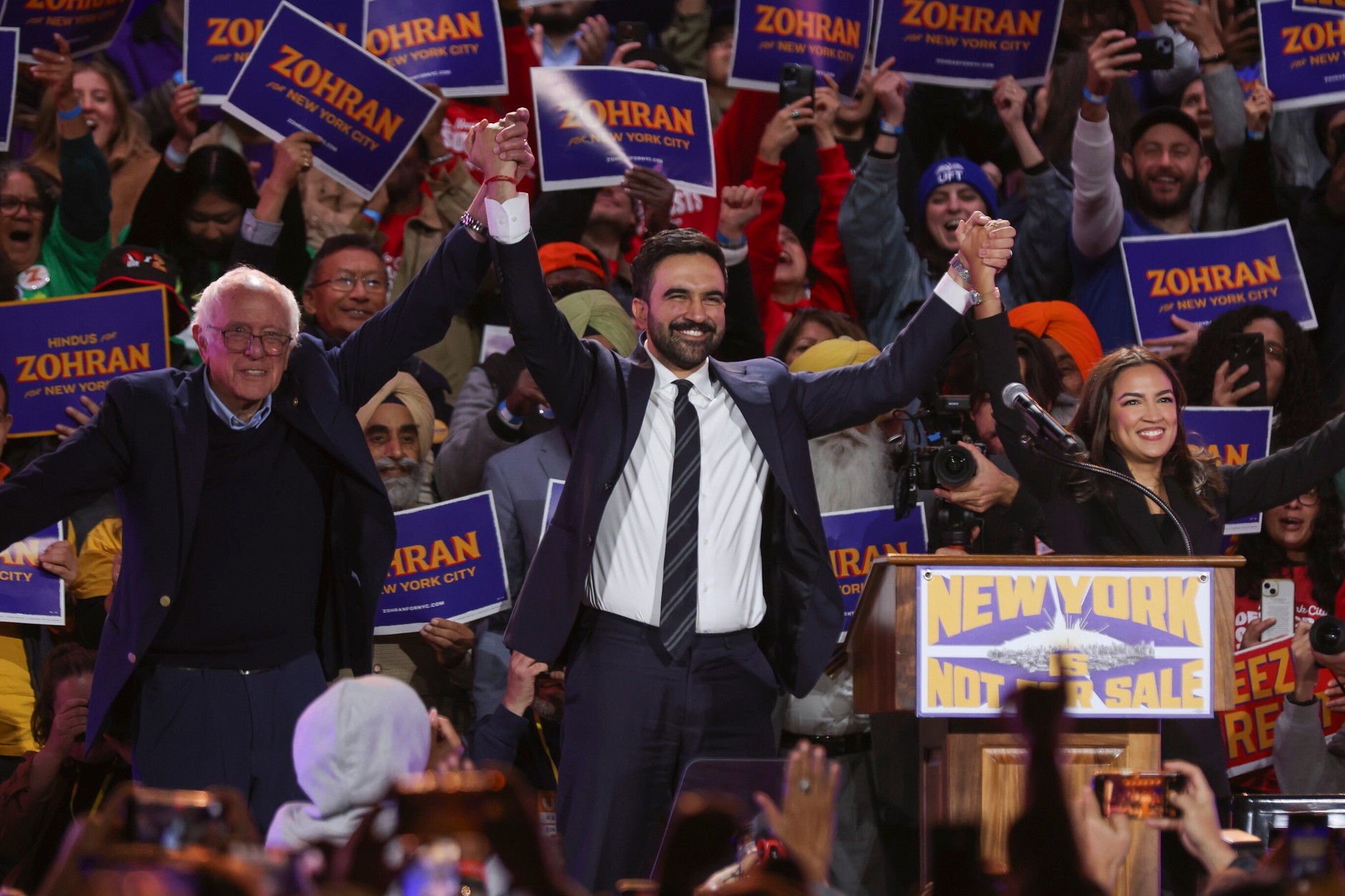 Senator Bernie Sanders (L), Democratic candidate for New York mayor Zohran Mamdani (C) and US House of Representatives Representative Alexandria Ocasio-Cortez during a rally "New York is not for sale" in Queens, New York, October 26, 2025
